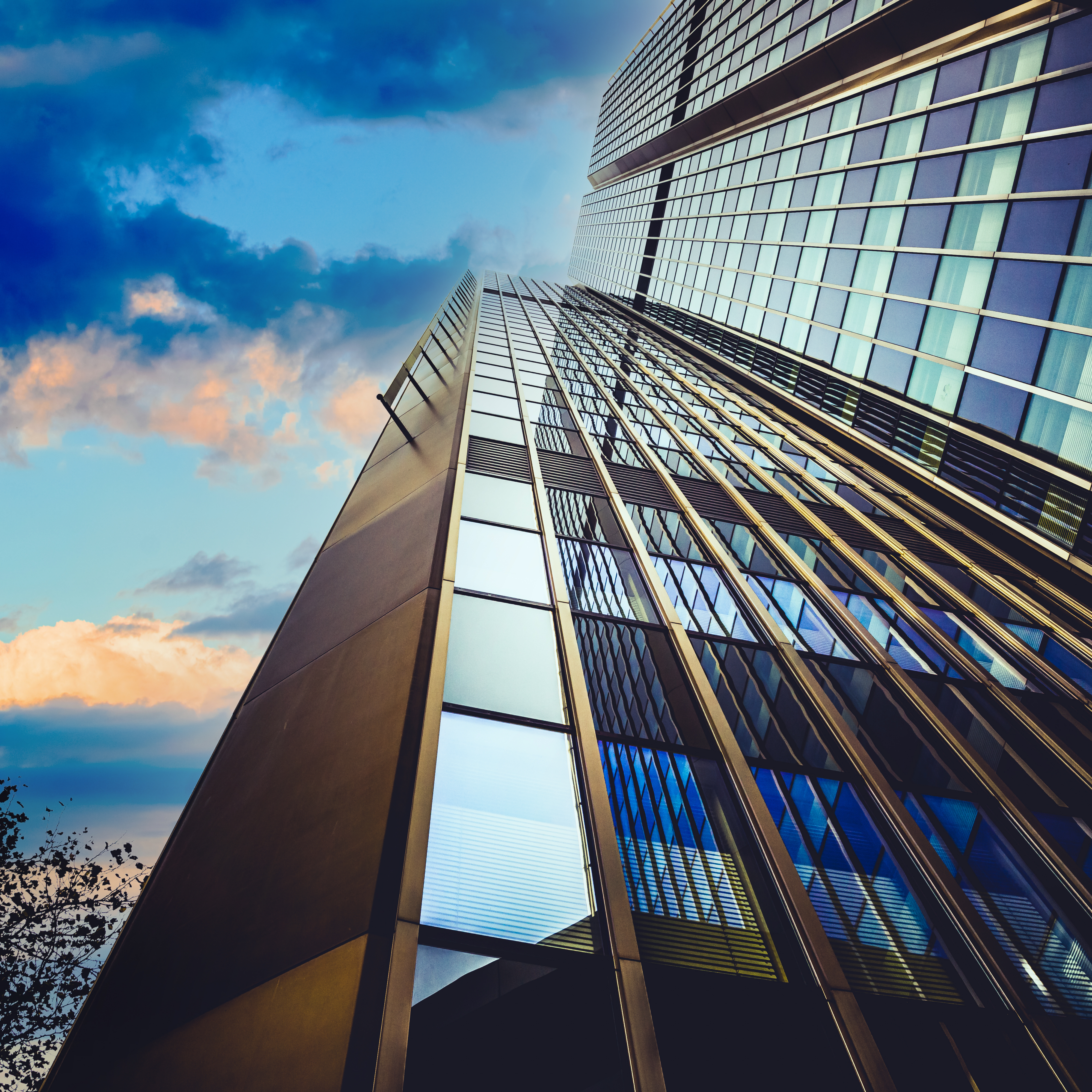 Skyward view of skyscrapers business and corporate concept