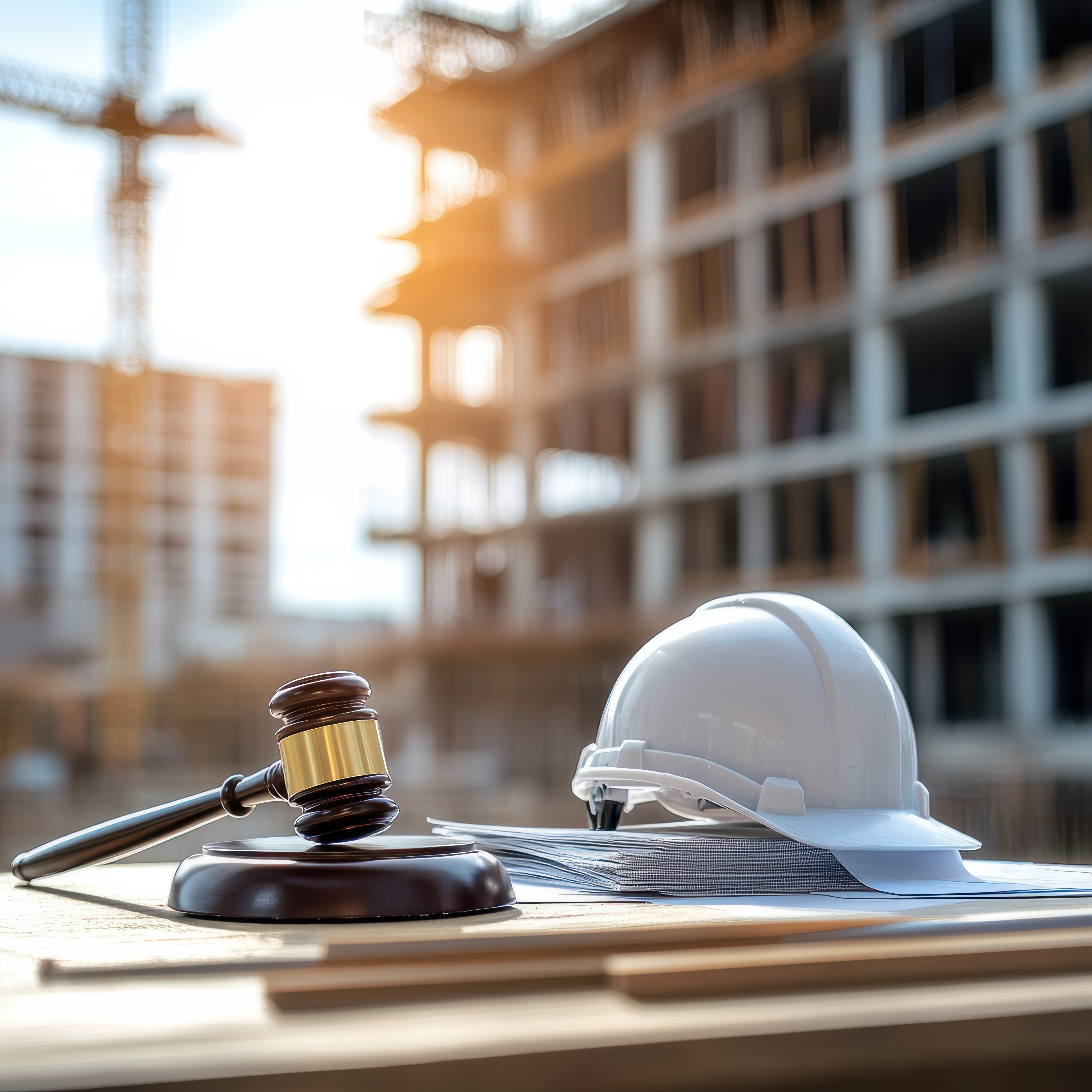 A court gavel and construction helmet sit on top of a table with blurred building structure in the background Real estate law concept with a building construction project